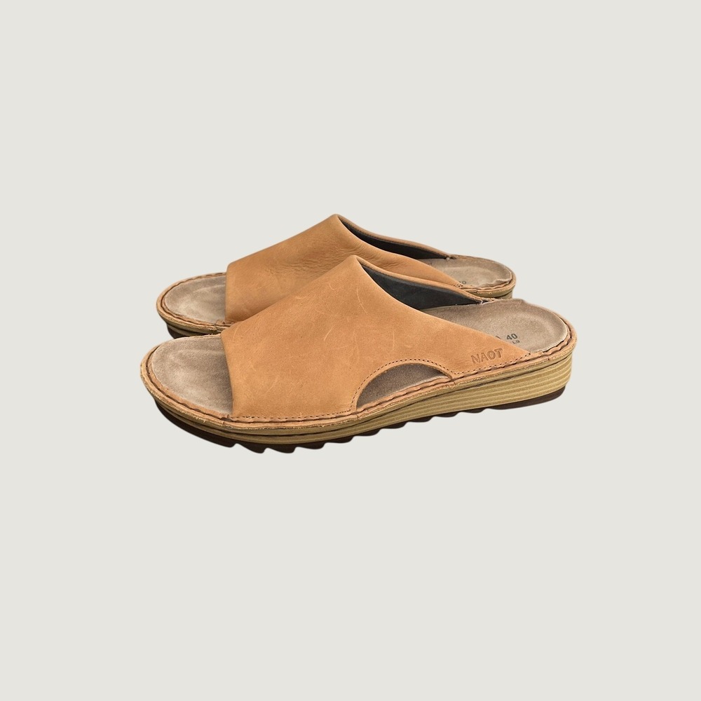 Naot Women Tan Leather Slide Wedge Sandals Made in Israel Size 40 L9